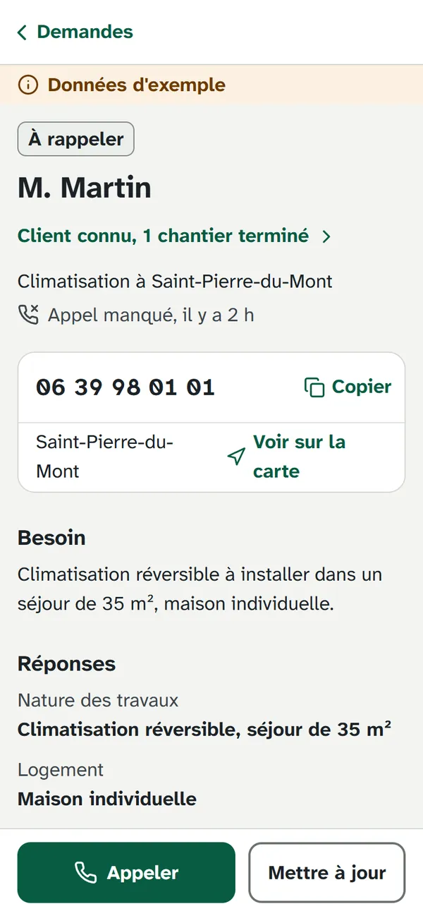 La fiche d'une demande dans le tableau de bord : à rappeler, le nom, le métier et la commune, le numéro, le besoin et les réponses du client.